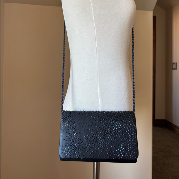 Navy blue satin and beaded clutch - Picture 3 of 9